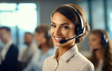 Young friendly operator woman agent with headsets working in a call centre. Beautiful smiling female customer support agent with headset working in office with colleagues blurred in the background.
