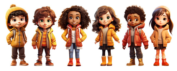 Cute Cartoon Realistic Happy Children Dressed in Autumn Clothes Characters Set