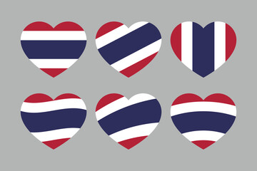 Red, white and blue colored heart icons, as the colors of Thailand flag. Flat vector illustration.	