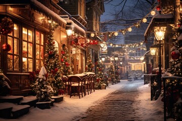 Fototapeta na wymiar Christmas Street, A Cozy Holiday Haven Brimming with Luminous Lights, Ornate Decor, and Snowy Pathways, Inviting You to Share in the Joy of Christmas