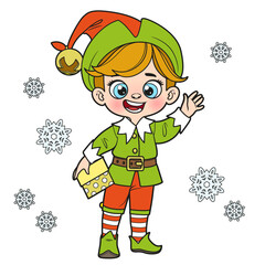 Cute cartoon boy in Santa Elf suit with a gift in hand color variation for coloring page on white background
