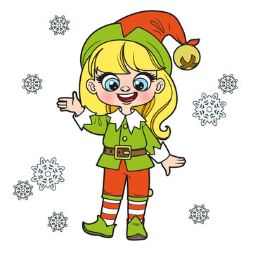 Cute cartoon girl in Santa Elf suit color variation for coloring page on white background