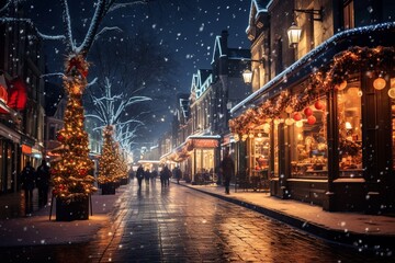 Fototapeta na wymiar Christmas Street, A Magical Winter Avenue Adorned with Dazzling Lights, Charming Decorations, and a Snow-Kissed Landscape, Creating a Heartwarming Holiday Scene