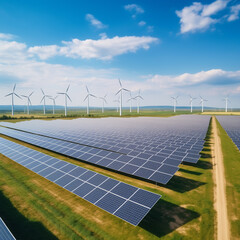 Odnawialne źródła energii. Ferma fotowoltaiczna i turbiny wiatrowe. Ai generative - obrazy, fototapety, plakaty
