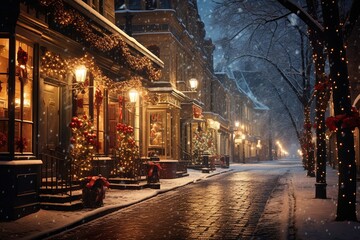 Fototapeta na wymiar Christmas Street, A Whimsical Holiday Thoroughfare Surrounded by Radiant Lights, Delightful Ornaments, and a Cozy Snowfall, Inspiring Festive Merriment