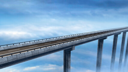 View of a highway over a concrete bridge crossing through the clouds. 3D Rendering