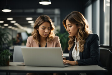 Two young Asian women looking in the laptop in the office. Generative AI.