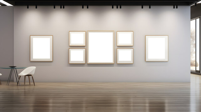 Blank vertical, horizontal and square decorative art transparent gallery mock-up. 7 frames. Exhibition wall.