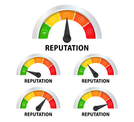 Reputation meter with different emotions. Measuring gauge indicator. Black arrow in coloured chart background. Indicator of Trust with Arrow Pointing on Smiling Emotion. Vector illustration