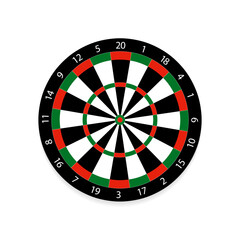 Cartoon old dart board scoring symbol. Dartboard icon. color, twenty, black and white game board, darts game. Target competition. Sports equipment and arrows. Vector illustration
