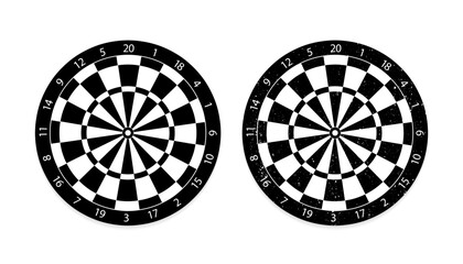 Cartoon old dart board scoring symbol. Dartboard icon. color, twenty, black and white game board, darts game. Target competition. Sports equipment and arrows. Vector illustration