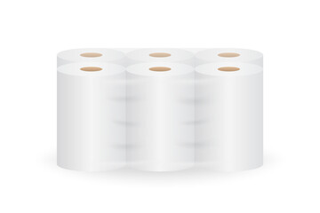 Toilet paper package white mockup with transparent packaging. Hygiene cleaning tissues in transparent package. Soft absorbent towels vector set. Realistic paper toilet in roll. Vector illustration