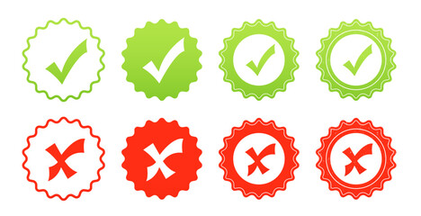Set of Check Mark Icons. Tick and Cross Vector Signs. Yes and No labels. Approved and Rejected emblems. Round grunge red and green stamp. Vector illustration