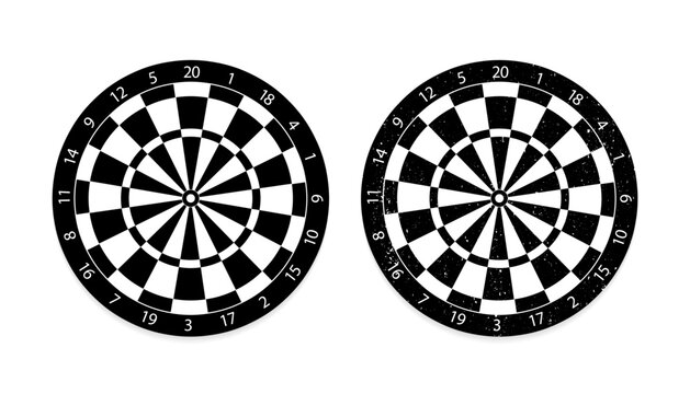 Cartoon Old Dart Board Scoring Symbol. Dartboard Icon. Color, Twenty, Black And White Game Board, Darts Game. Target Competition. Sports Equipment And Arrows. Vector Illustration