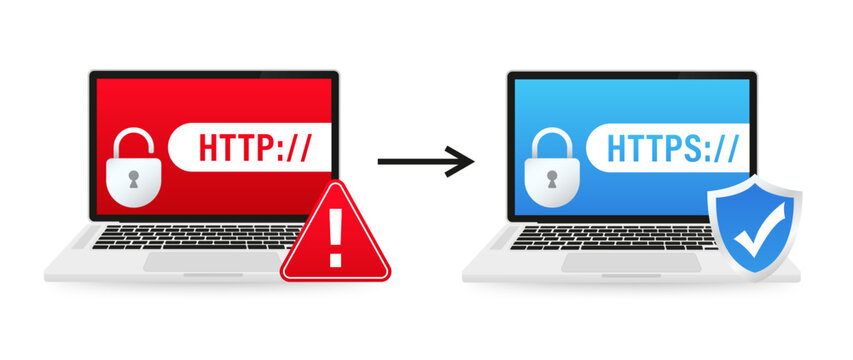 HTTP and HTTPS protocols, safe web surfing and data encryption. Http and https protocols on shield on laptop, on white background. Vector illustration