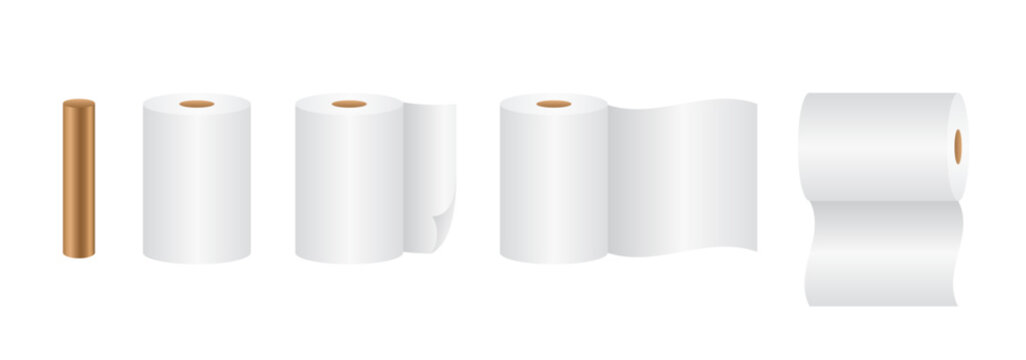 Various rolls of empty toilet papers. Vector set of illustrations of paper roll for bath and kitchen towel. Soft absorbent towels vector set. Realistic paper toilet in roll. Vector illustration
