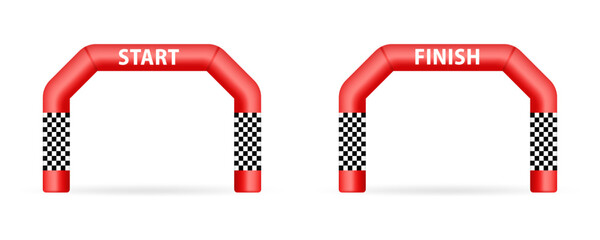 Start, finish flag and banner for concept design. Inflatable finishing arch illustration. Red inflatable arch, suitable for a variety of outdoor sports activities. Vector illustration
