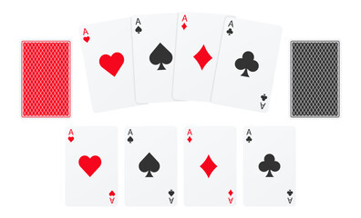 Realistic quads aces. Game of chance. Playing poker. Card kare isolated clipart on white background. Winning combination. Casino games. Gambling, blackjack and baccarat. Vector illustration