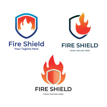 Fire shield logo set colelction design element. Fire warning sign shield vector illustration on white background