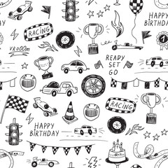 Racing cars birthday vector seamless pattern. - 670509753