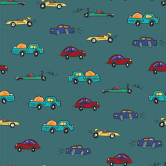 Funny doodle cars vector seamless pattern.