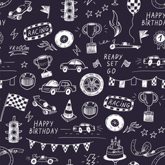 Racing cars birthday vector seamless pattern.