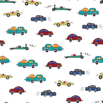 Funny doodle cars vector seamless pattern.