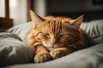 Ginger cat sleeps in bed. Generative AI.