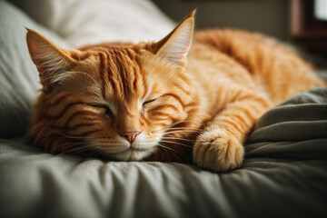 A ginger cat sleeps in bed. Generative AI.