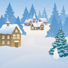 Vector cartoon drawing of a winter village snowy scene with a cute snowman