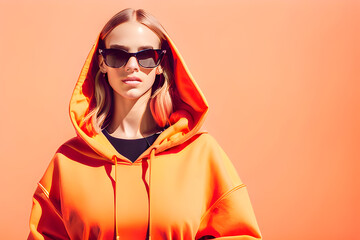 Woman wearing trendy orange color sunglasses