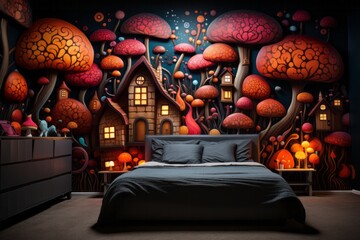 Whimsical and colorful children's bedroom mural, Generative AI