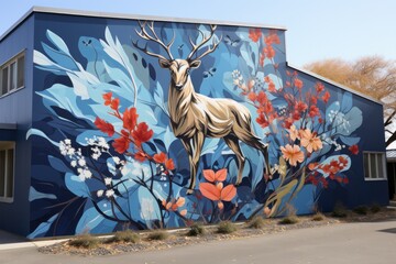Wildlife mural showcasing local flora and fauna, Generative AI 