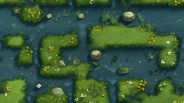 Seamless 16-bit RPG grass and water top-down tiles