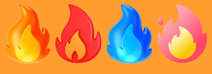 3d fire flame icons set isolated on orange background. Render sprite of fire emoji, energy and power concept. 3d cartoon simple vector illustration
 - obrazy, fototapety, plakaty