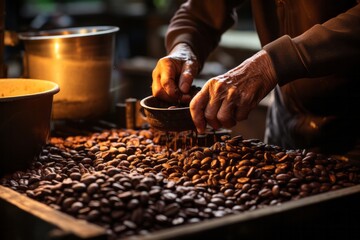Coffee shop's barista hand-grinding fresh coffee beans, Generative AI - obrazy, fototapety, plakaty