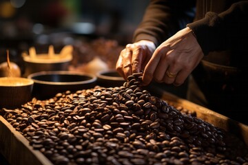 Coffee shop's barista hand-grinding fresh coffee beans, Generative AI
