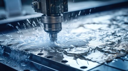 Waterjet Cutting. Machine using water pressure to cut through stainless steel materials - obrazy, fototapety, plakaty