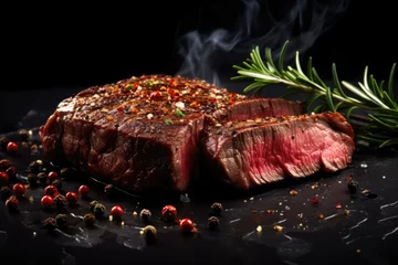 Fotobehang Juicy beef steak with rosemary and pepper on a dark background. © Lubos Chlubny
