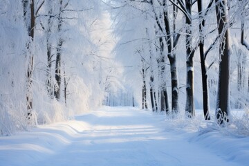 Winter path. Snowy road in the forest.