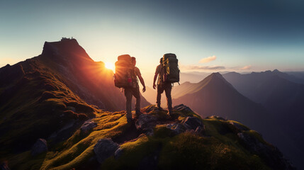Silhouette of two people with large backpacks walking on mountain at sunset