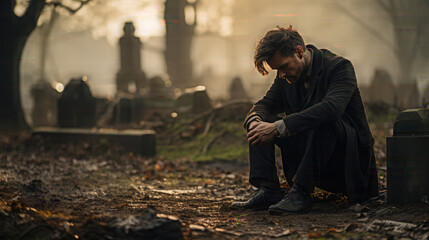 Christian man crying next to a grave with a headstone for a deceased relative in the family