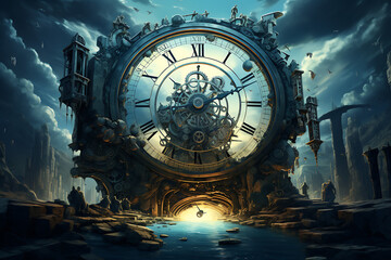 Obraz premium Time machine clock, futuristic fantasy, movie, cartoon, animated, time, big clock