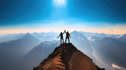Couple celebrating success on mountain top by holding hands up in the air - obrazy, fototapety, plakaty