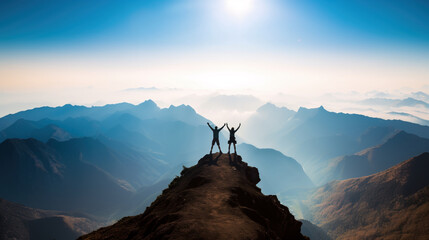 Silhouette of two hikers with arms raised celebrating success on mountain top in panoramic mountain scene - obrazy, fototapety, plakaty