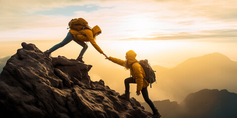 Help and assistance concept. Silhouettes of two people climbing on mountain and helping each other...