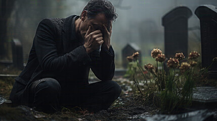 Christian man crying next to a grave with a headstone for a deceased relative in the family - obrazy, fototapety, plakaty