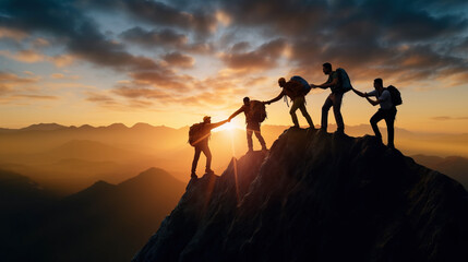 Group of hikers in silhouette giving each other a helping hand, working together to get to the top - obrazy, fototapety, plakaty