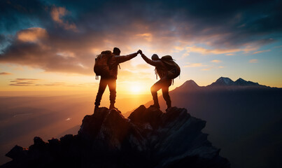 Silhouette of two hikers giving high five on mountain top after successfully climbing to mountain top
