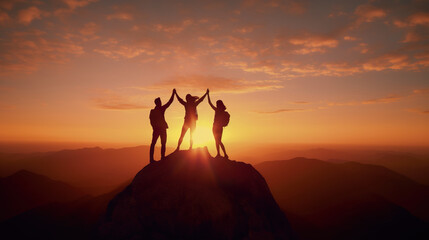 Silhouette of three people holding hands up in the air on mountain top at sunset,